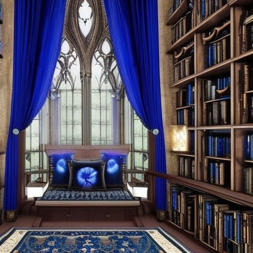 Gothic cobalt blue Ravenclaw themed living room with lots of crystals and candles and books
