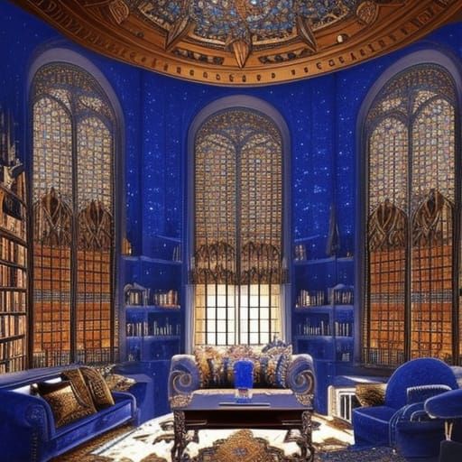 Gothic cobalt blue Ravenclaw themed living room with lots of crystals and candles and books