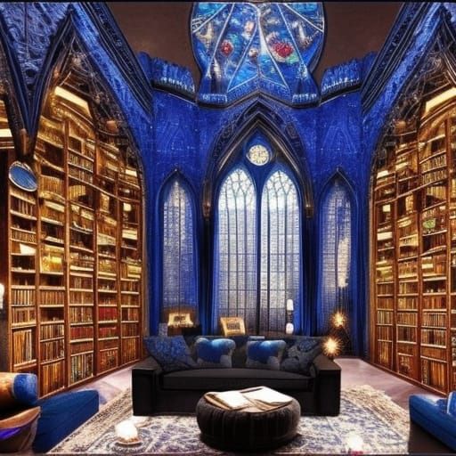 Gothic cobalt blue Ravenclaw themed living room with lots of crystals and candles and books