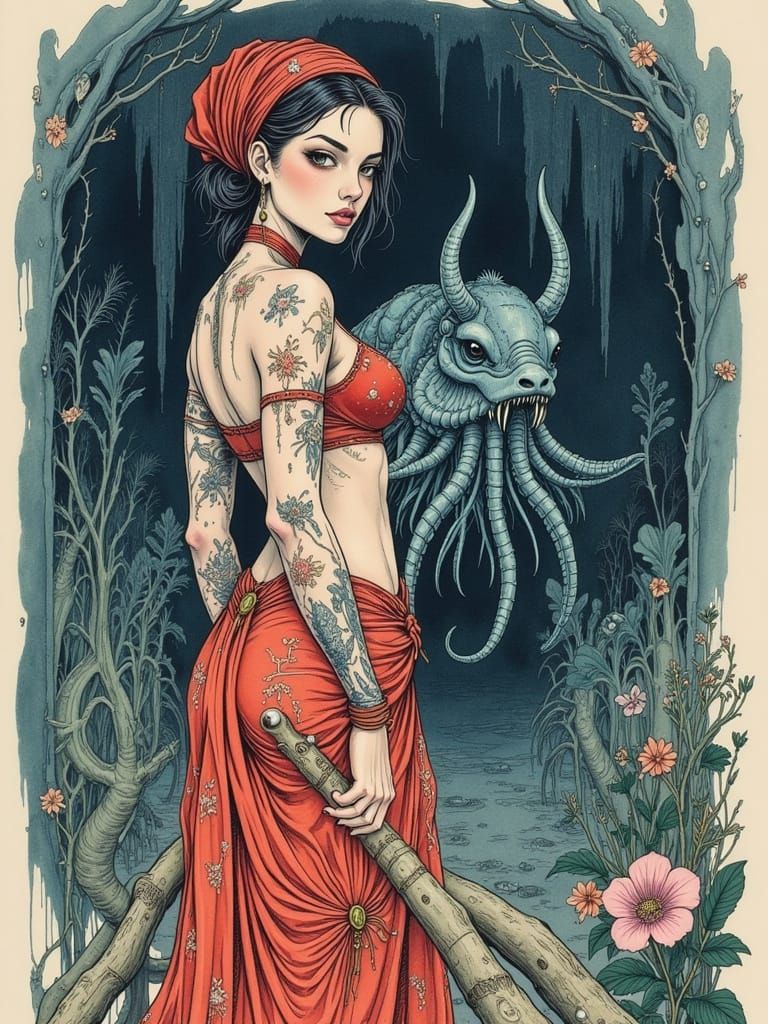 Woman in Floral Headscarf Before Smilodon Statue