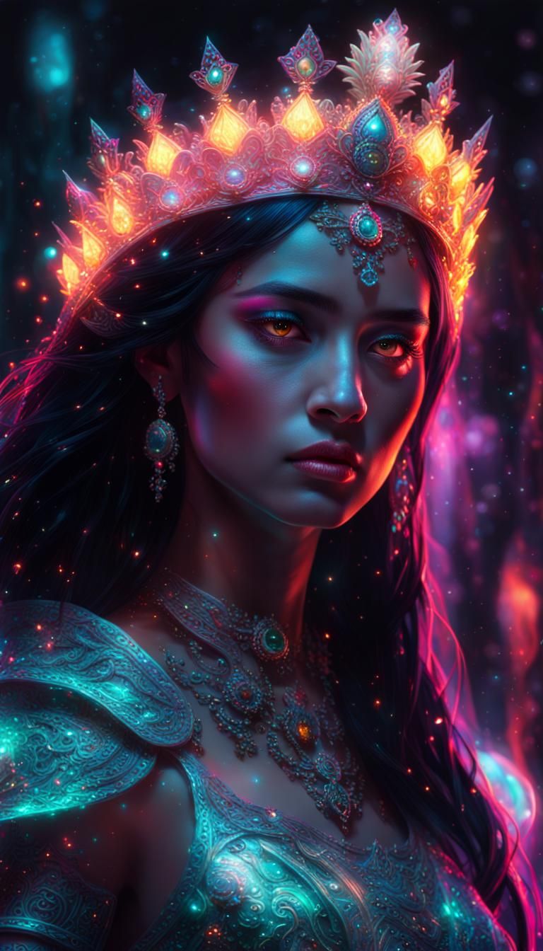 Luminescent Neon Crystal Warrior Princess in Surreal Style