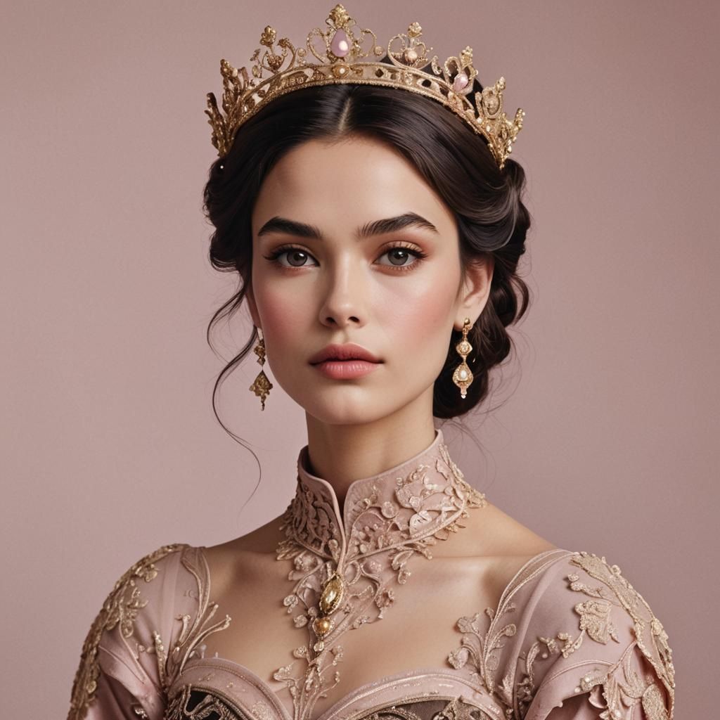 Queen with Sapphire Jewelry in Ornate Throne Room