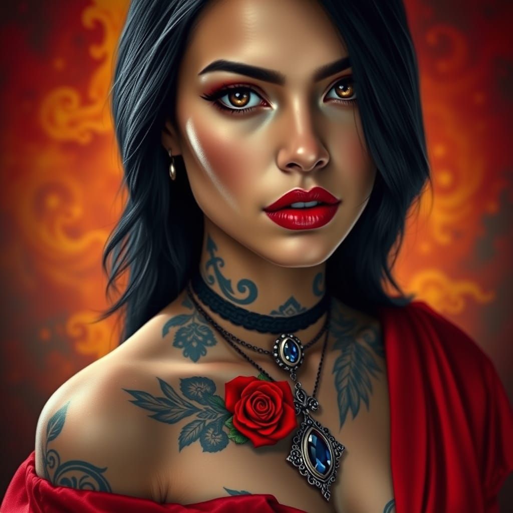 Captivating Portrait of Tattooed Woman with Red Accents