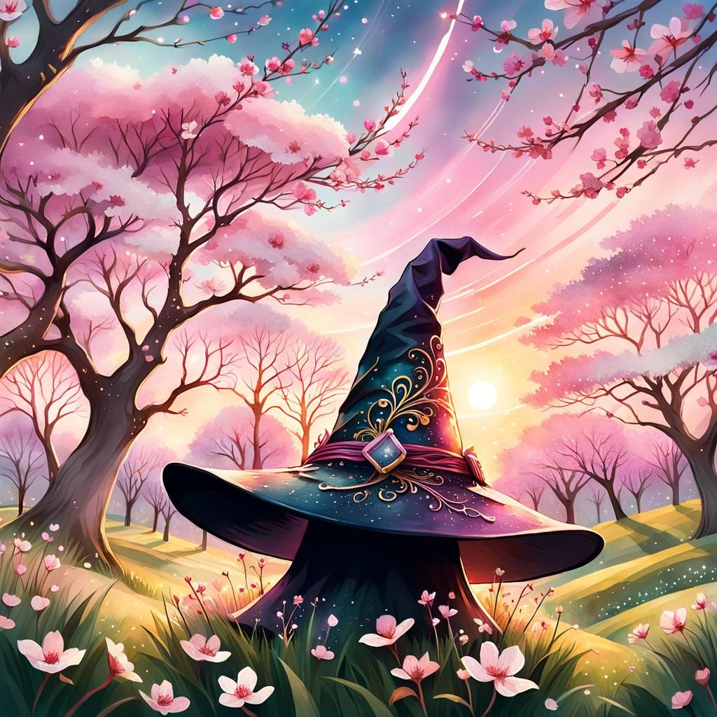 Enchanted Witch Hat in Meadow: Watercolor Fantasy