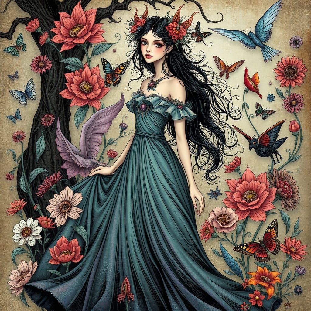 Whimsical Woman with Mystical Creatures, Gothic Fairytale