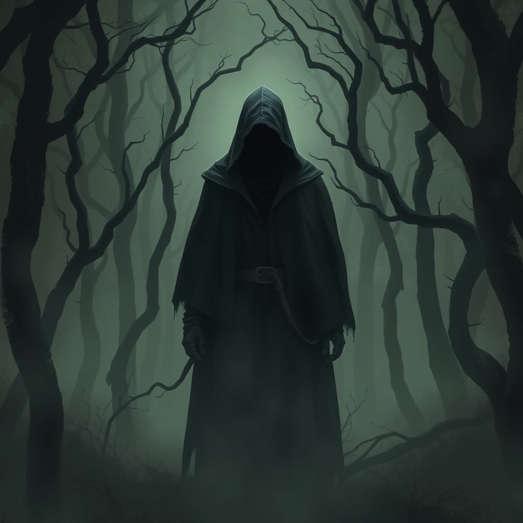 Eerie Dark Forest Wanderer in Muted Earthy Tones