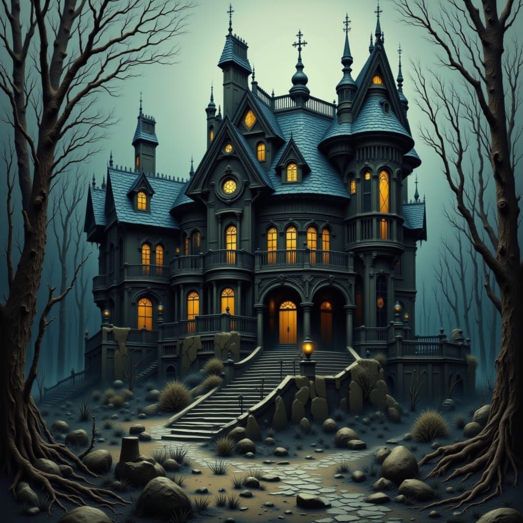 Gothic Beauty in Mansion, Deco Surreal Style