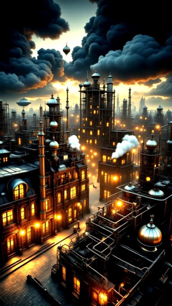 Steampunk Cityscape at Twilight with Airships