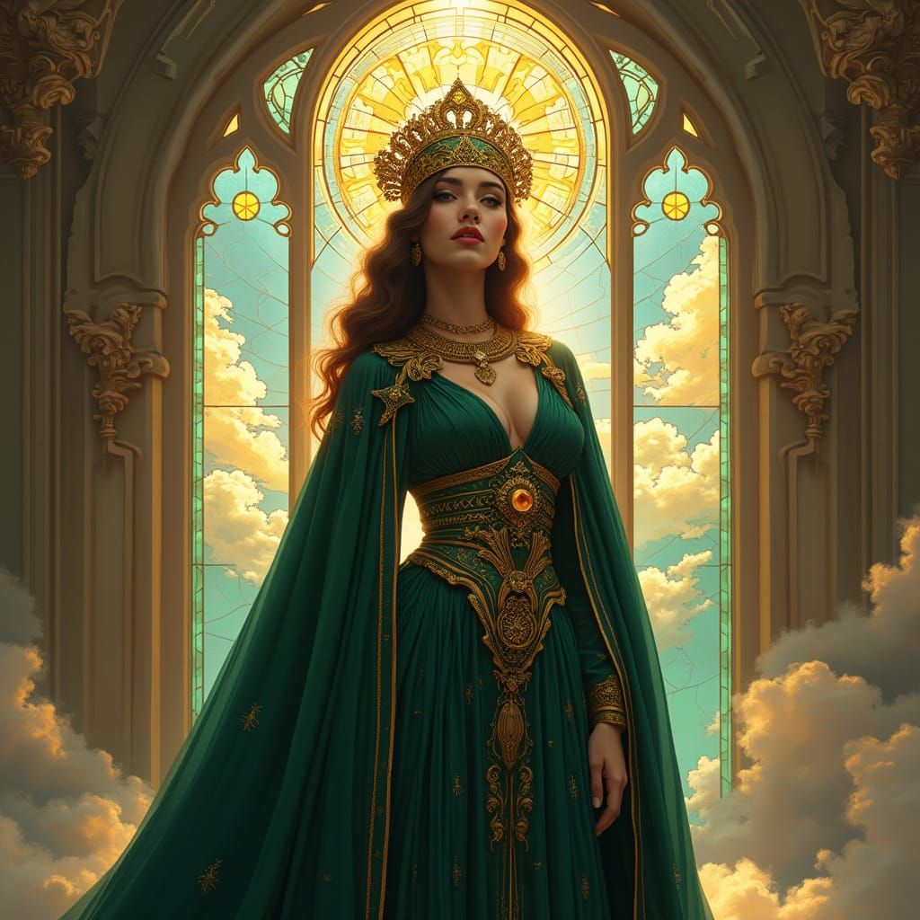 Regal Woman in Art Deco Castle Holographic Illustration