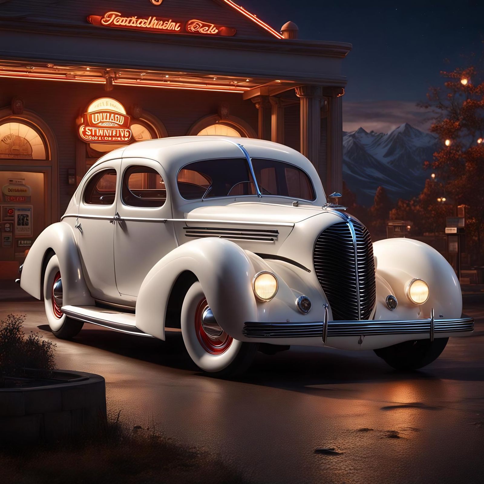 1938 White Fastback at Retro Gas Station in Art-Deco Style