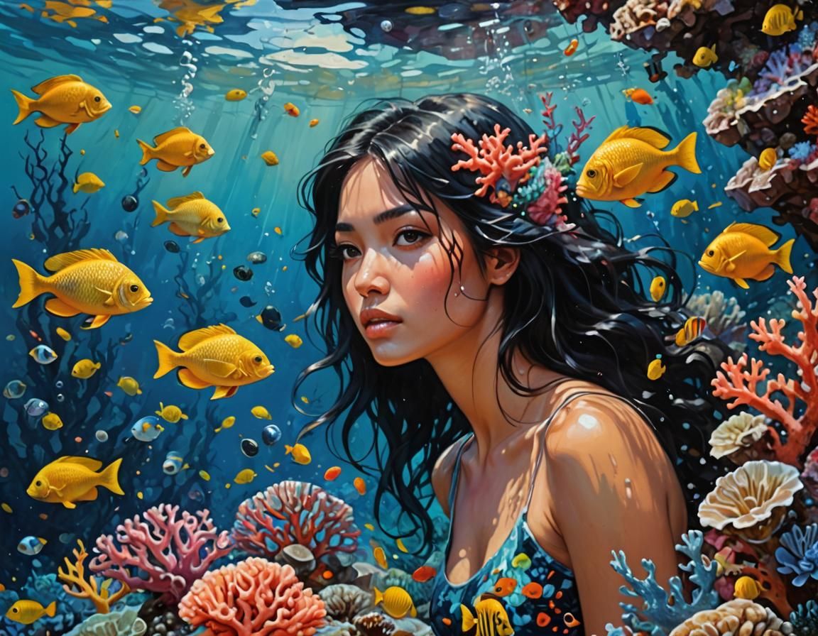 Girl Snorkeling with Seahorses: Oil Painting