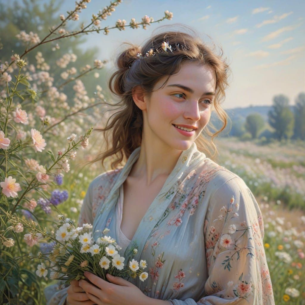 Smiling Woman in Floral Scarf: Impressionist Portrait