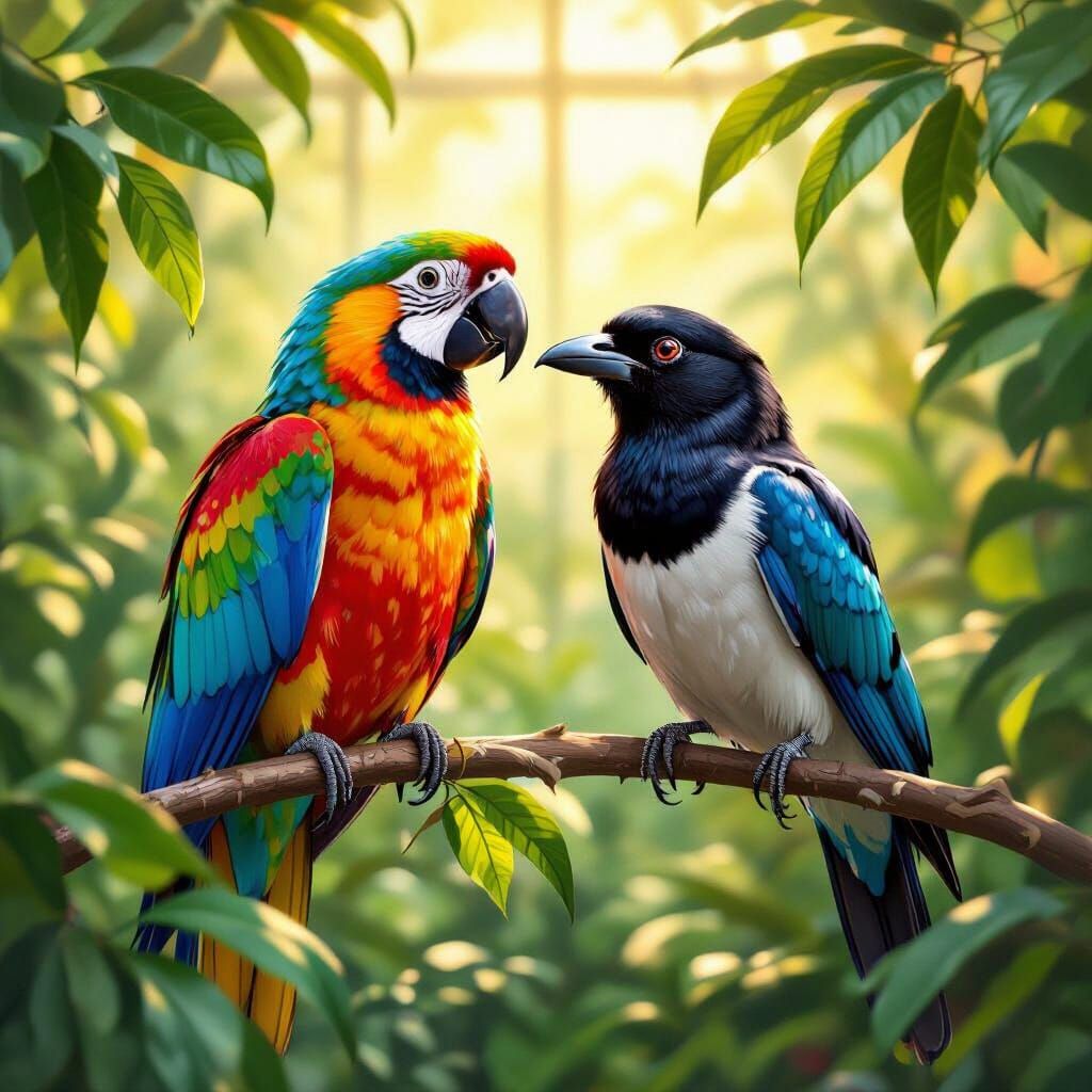 Colorful Parrot and Mynah Bird in Hyper-Realistic Style