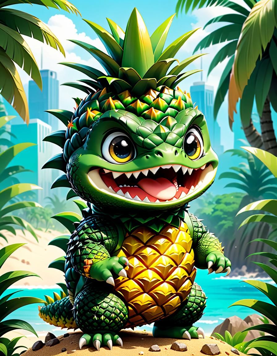 Adorable Chibi Pineapple Godzilla with Big Eyes