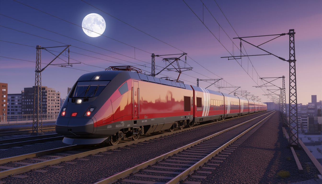 High-Speed Train on Wet Rails in Expressionist Style