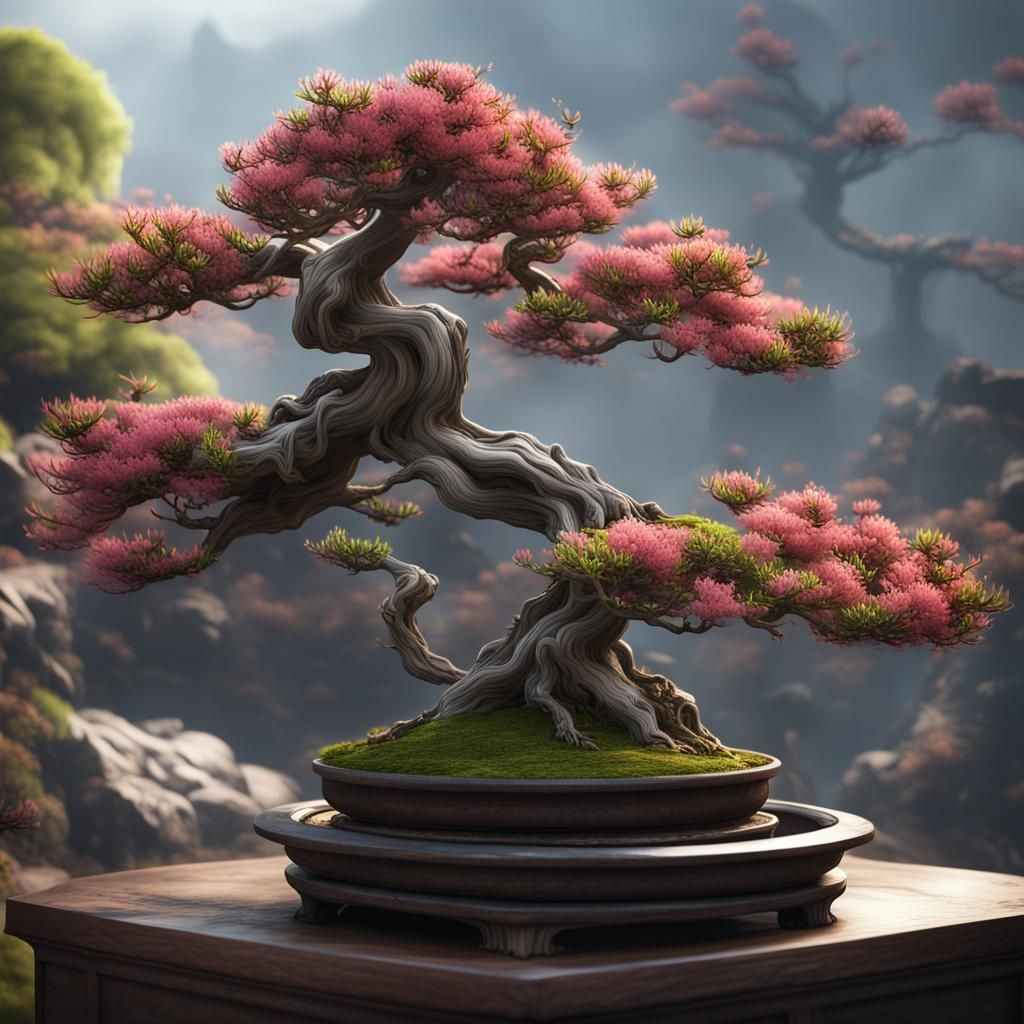 Bonsai Trees Budding in Spring: Detailed Matte Painting