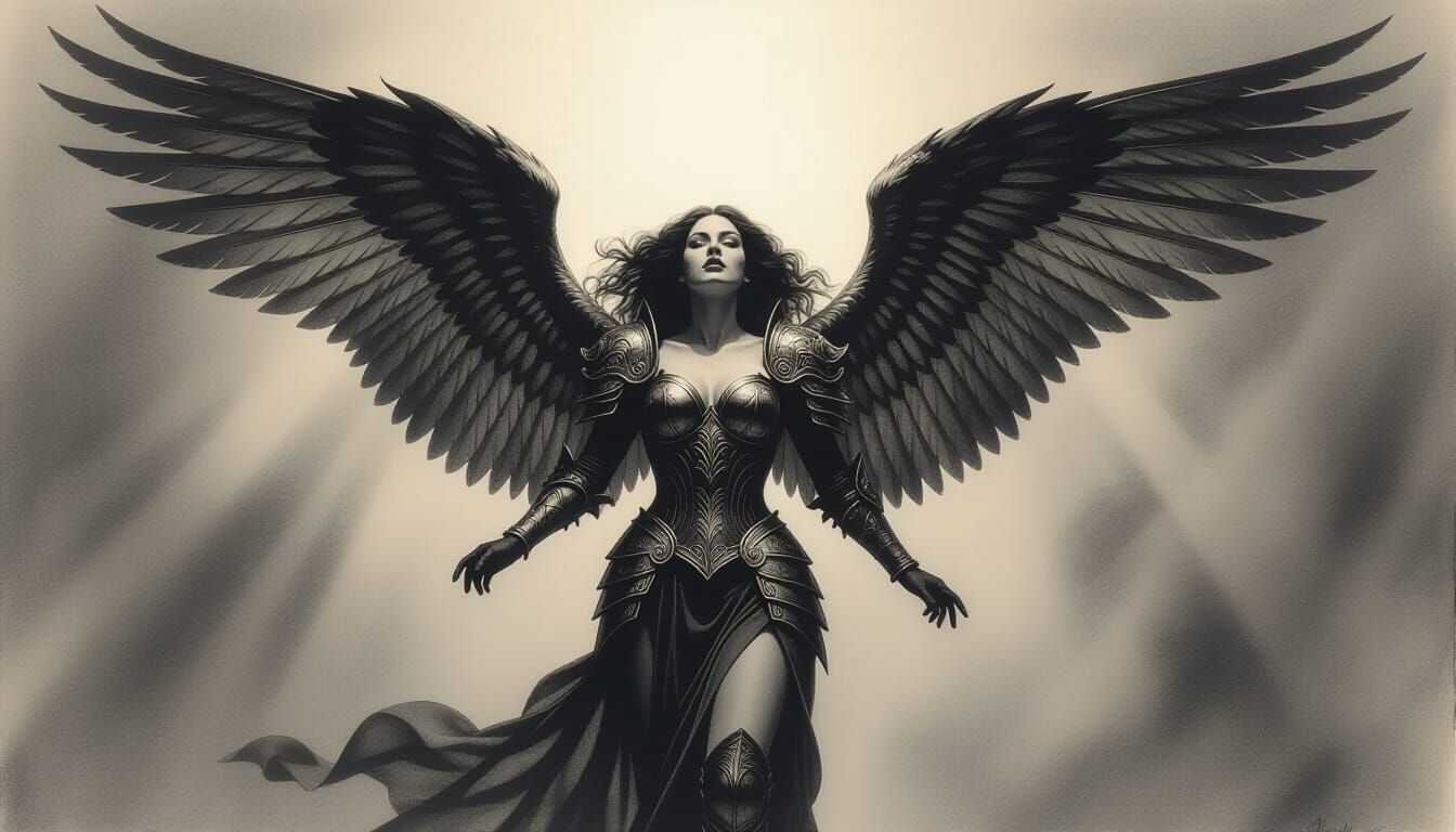 Fallen Angel Charcoal Drawing with Dramatic Lighting