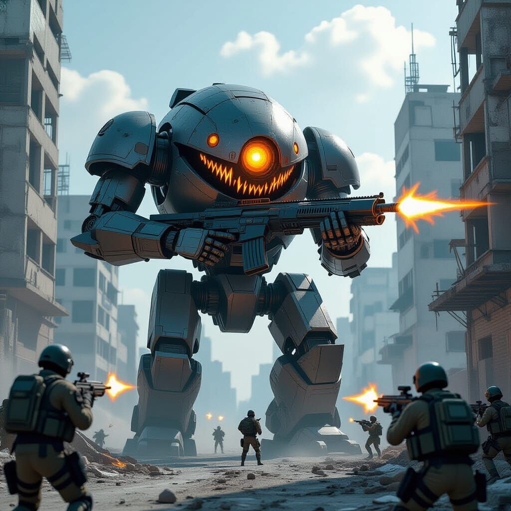 Menacing Robot Wields Energy Rifle in Dystopian Cityscape