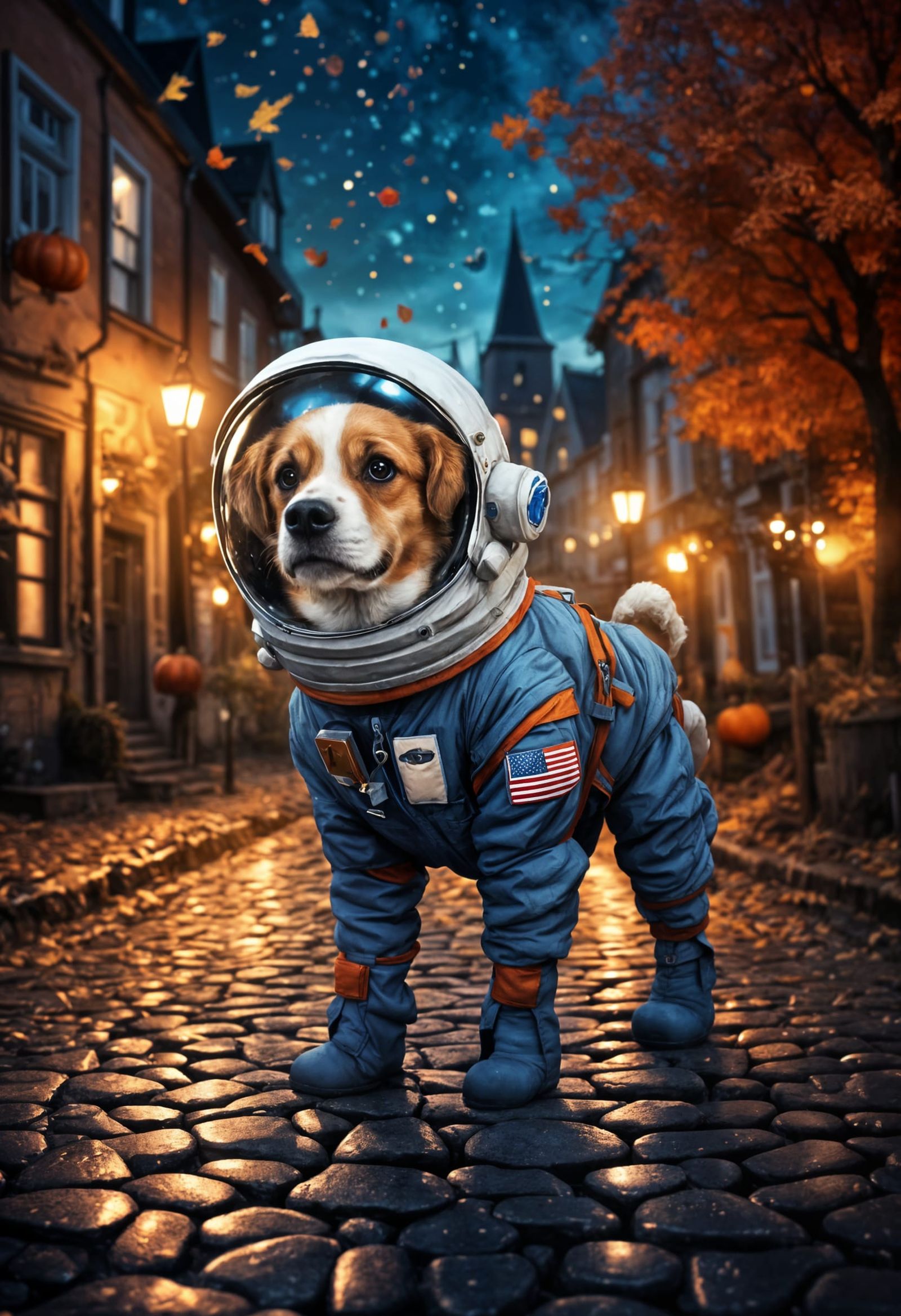 Cute Dog Astronaut in Fantasy Style on Halloween Night