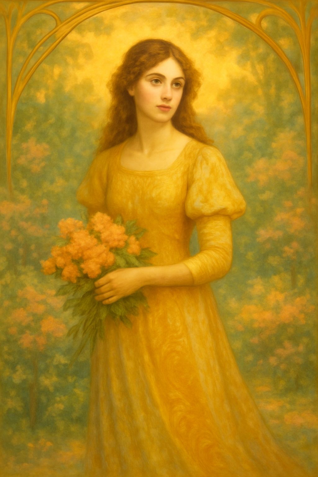 Muse in Garden: Art Nouveau Oil Painting