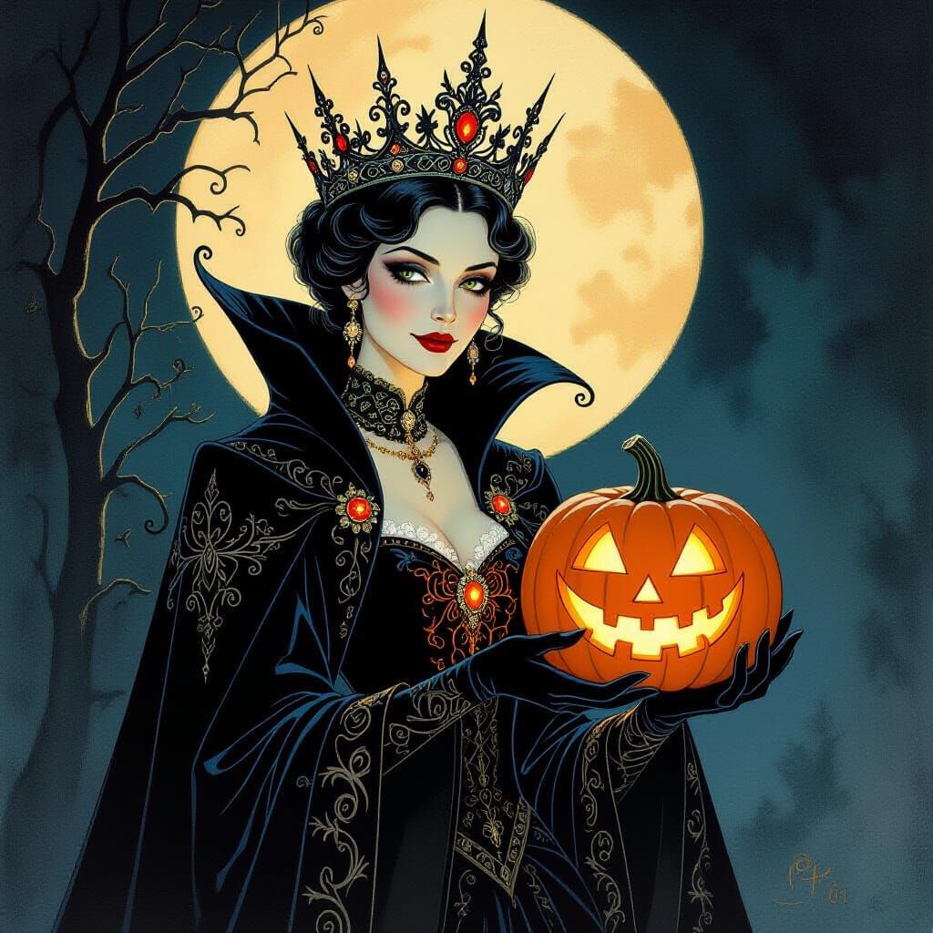 Regal Halloween Queen with Jack-o'-Lantern in Gouache Style