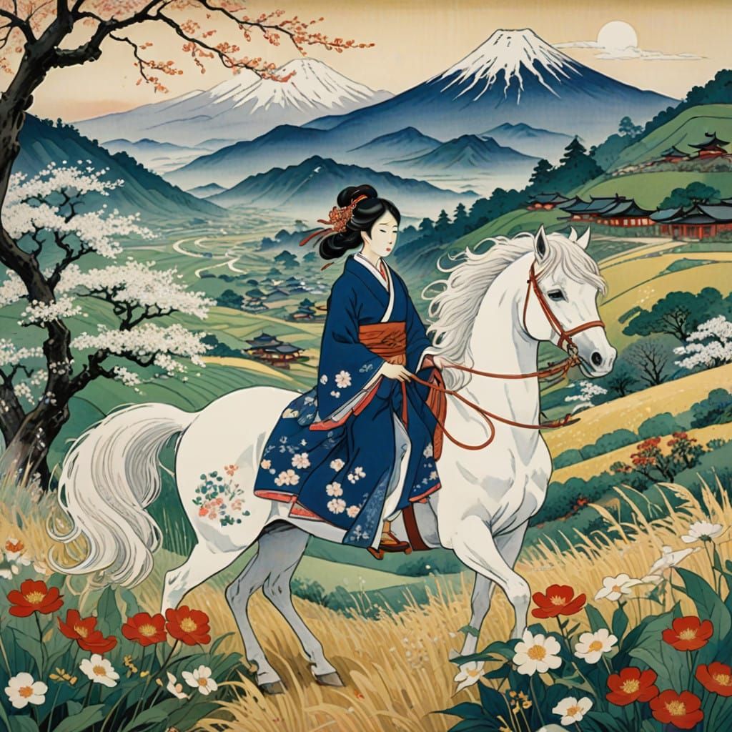 Serene Goddess Rides Regal White Horse Through Lush Landscap...