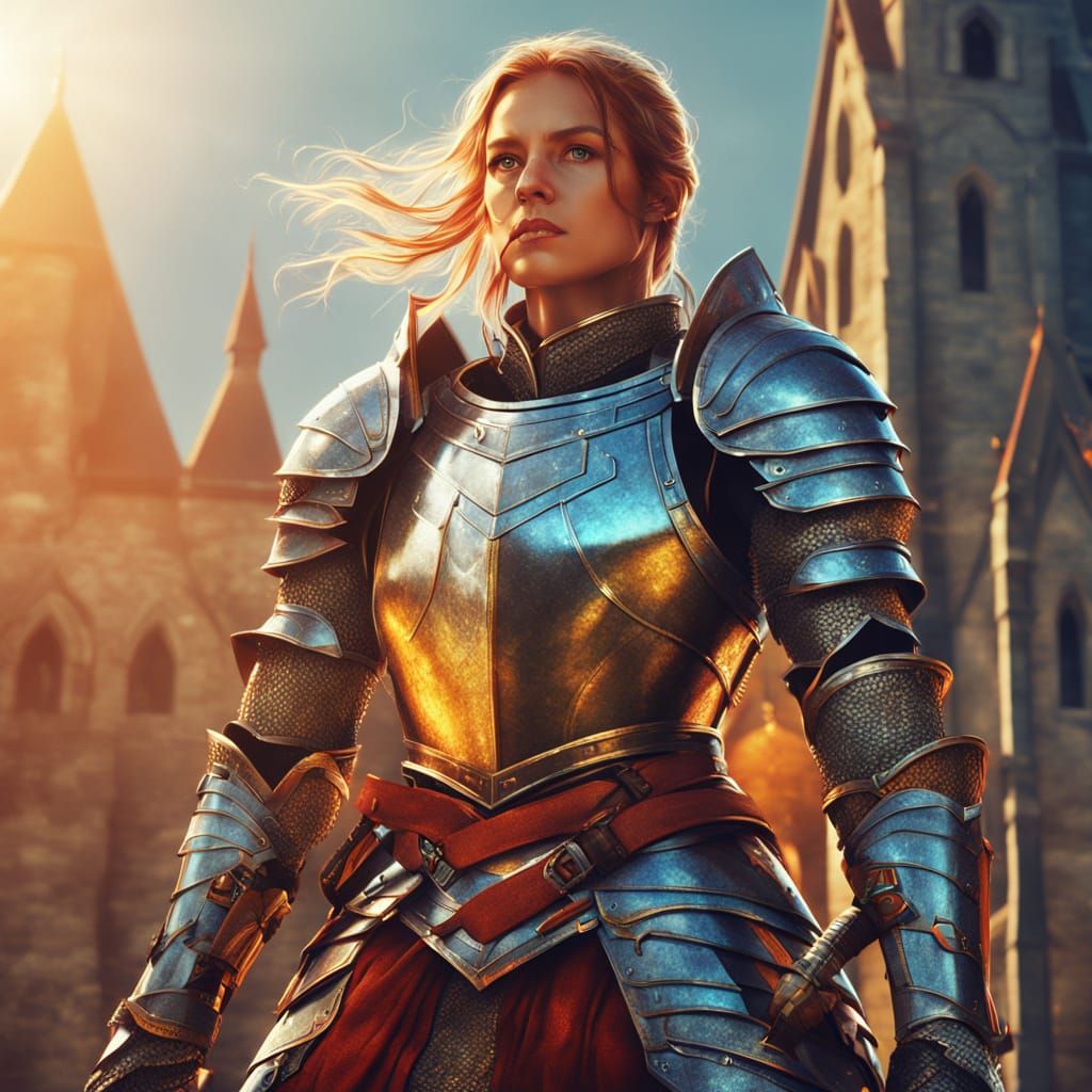 Determined Female Knight in Vibrant Digital Art