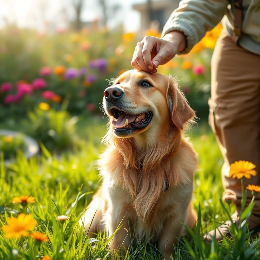 Golden Retriever Receives Donut in Whimsical Outdoor Scene