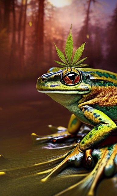 Frog in Cannabis Flower Crown: Hyperrealistic 3D Art