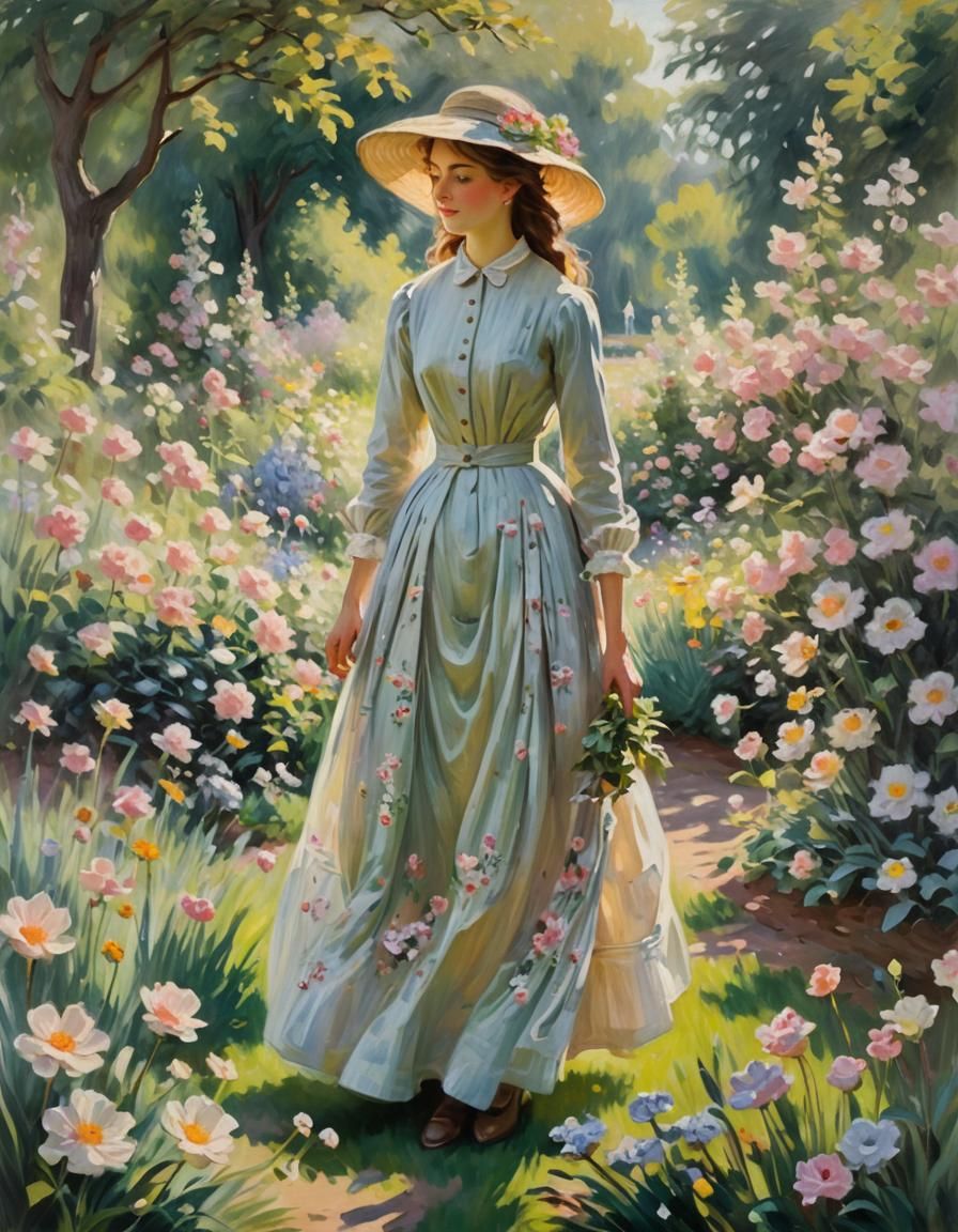 Impressionist Woman in Flower Garden: Oil on Canvas