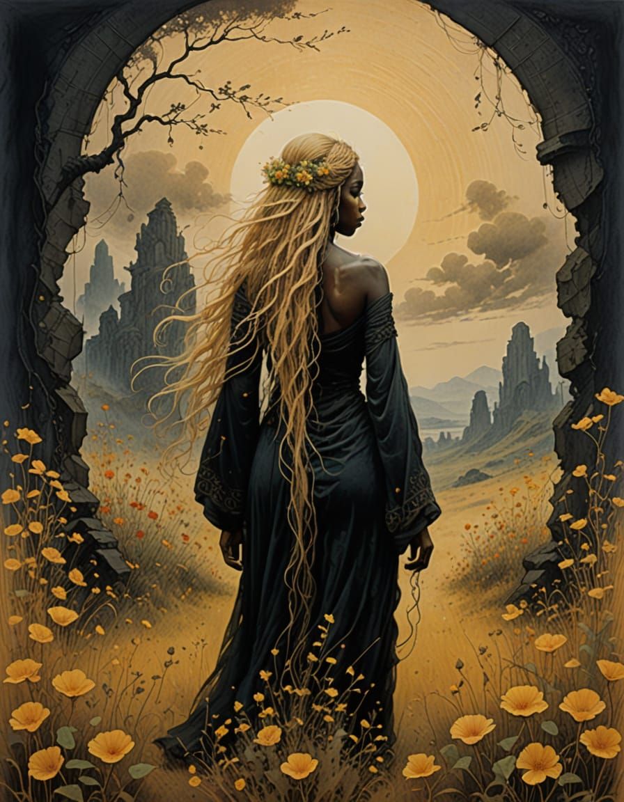 Ink Painting of Black Woman in Ancient Fantasy Worlds