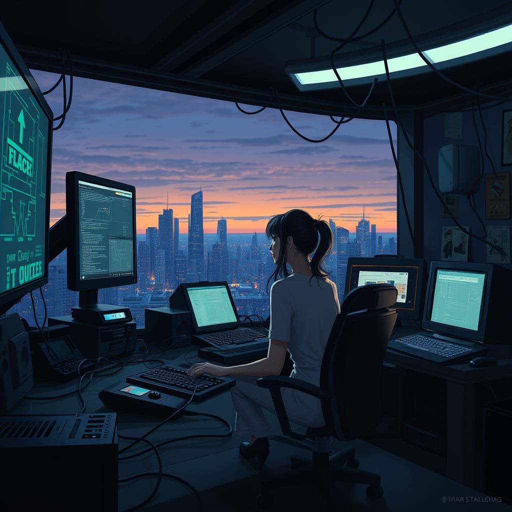 Cyberpunk Woman at Desk with Cityscape Backdrop