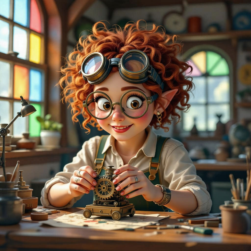Gears the Halfling Tinkerer at Work in her Workshop