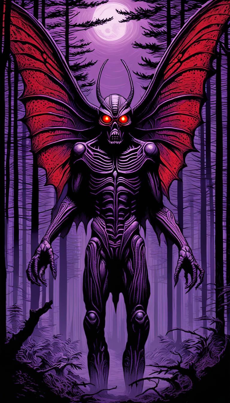 Giger-Style Mothman Cryptid in Dark Forest