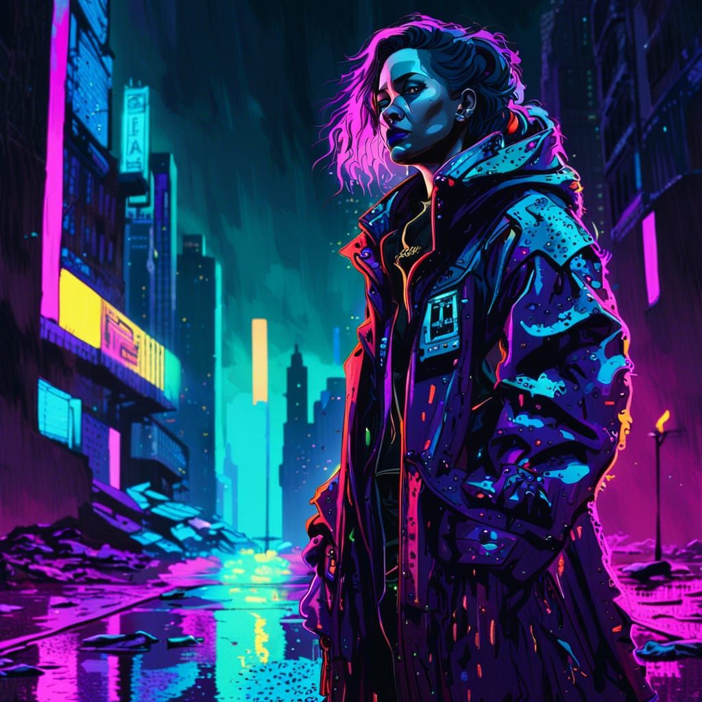 Dystopian Sci-Fi Woman in Neon-Lit Cityscape