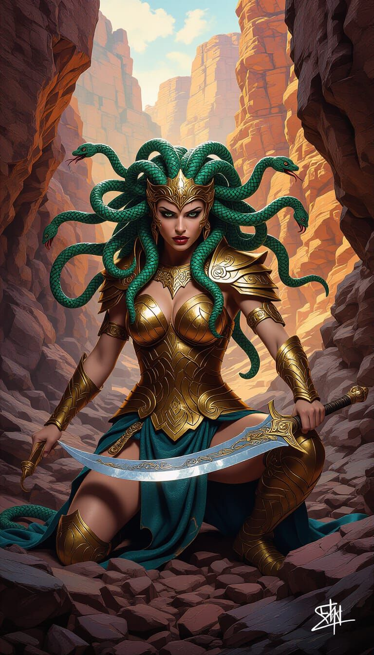 Medusa Warrior in Golden Armor, Graffiti Art Style