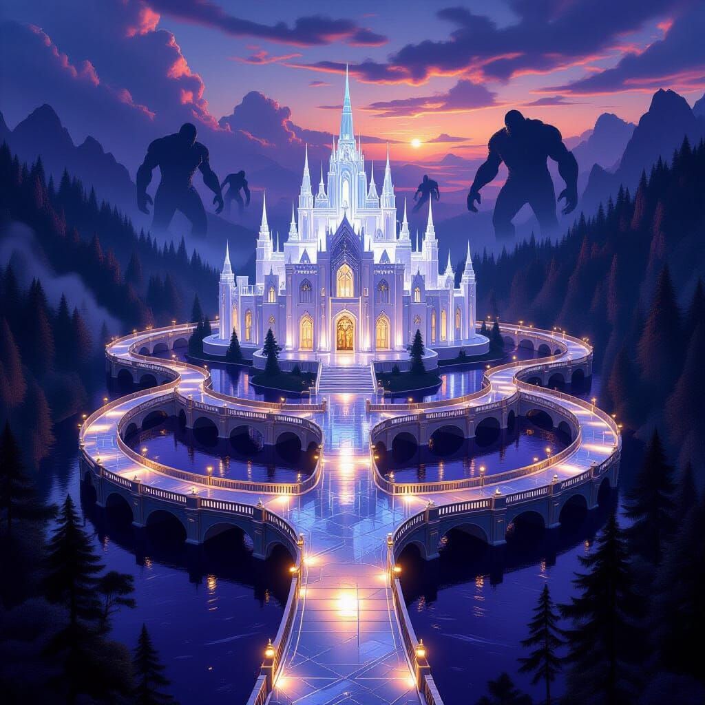 Crystal City With Golden Walkways And White Mansion In Purpl...