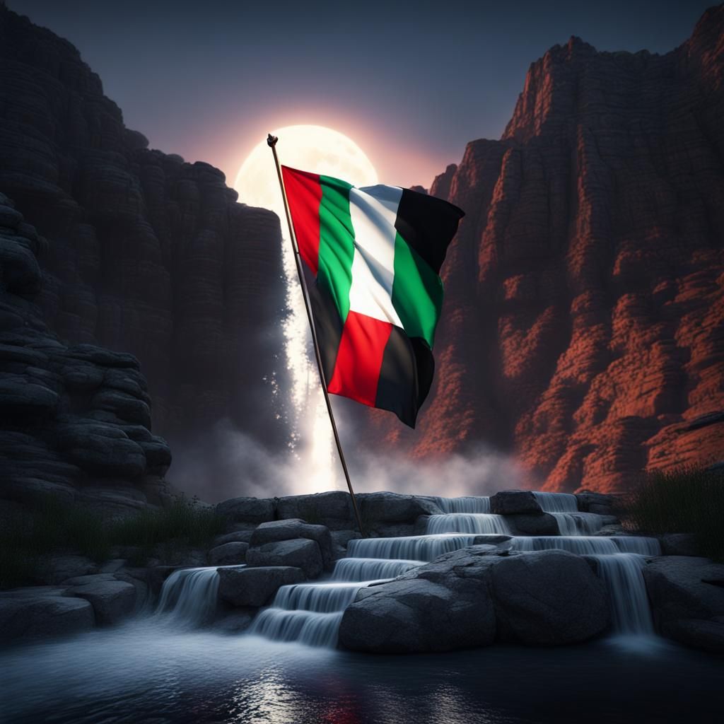 Palestine Flag Waterfall at Night: Hyperrealistic Matte Pain...
