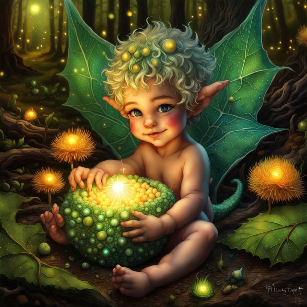 Elven Boy Eating Nuts in Backlit Forest