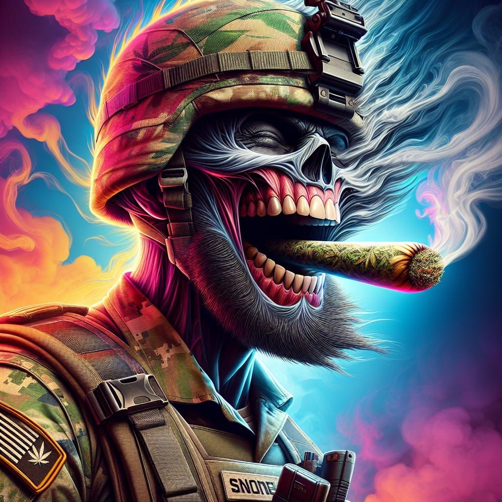 Hyperrealistic Soldier Smoking with 'STONED' Graphic