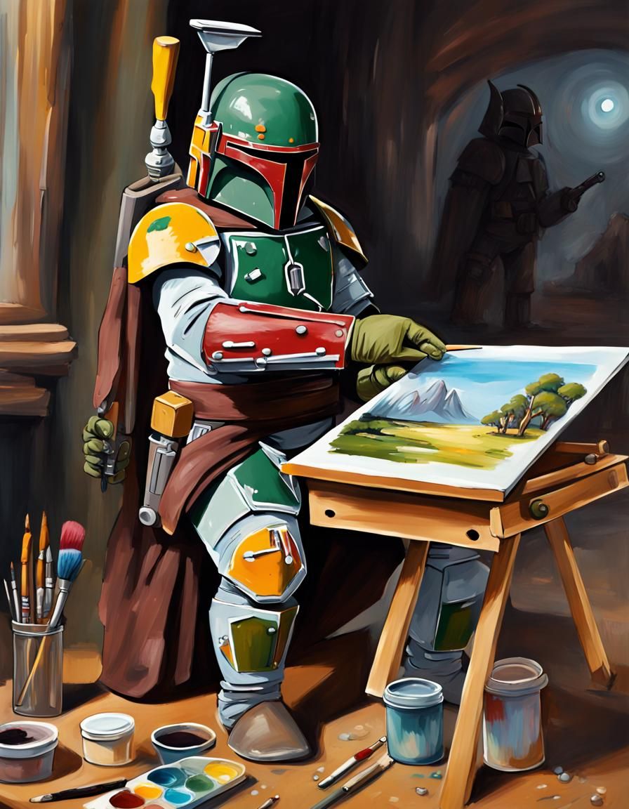 Cute Boba Fett as Bob Ross, Oil Painting