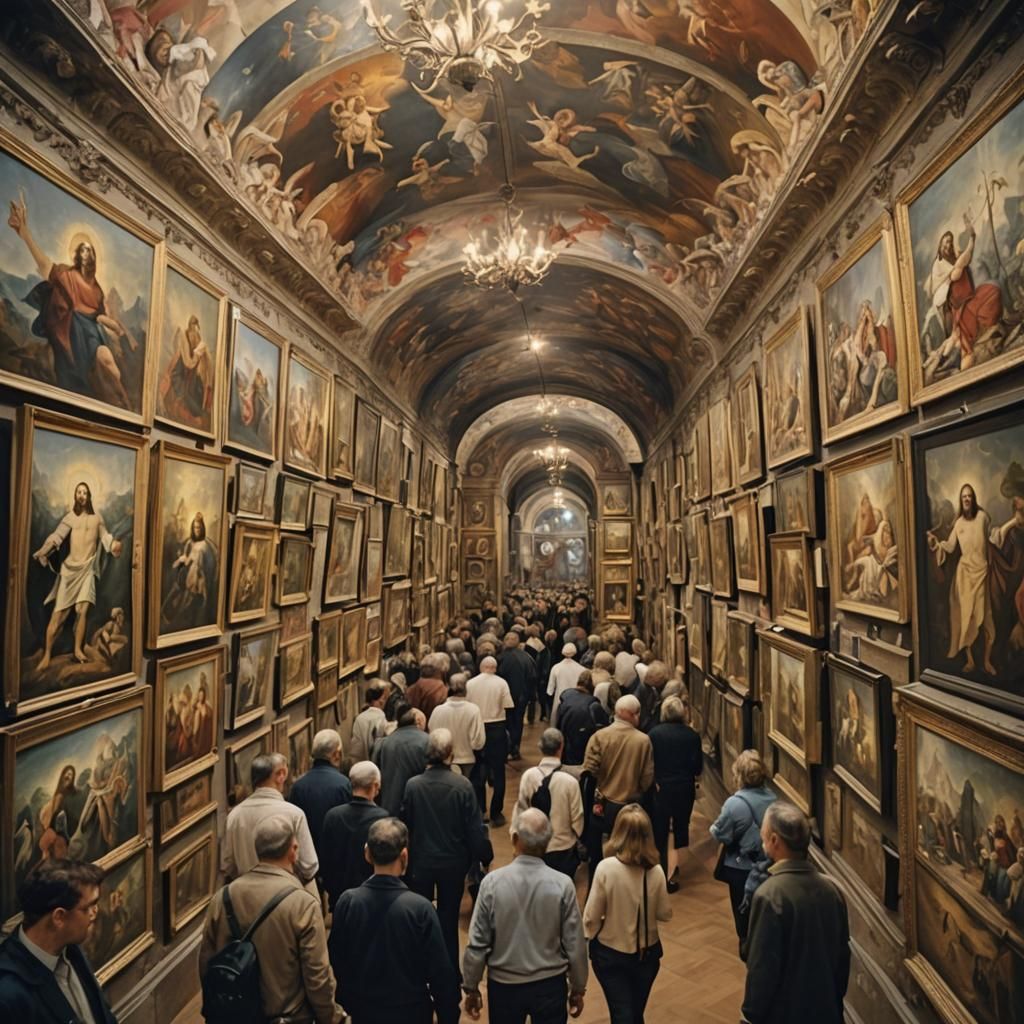 Gallery Visitors Admire Grotesque Paintings in Style of Gros...