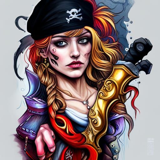 Pirate Lady with Gold Sword in Street Art Style