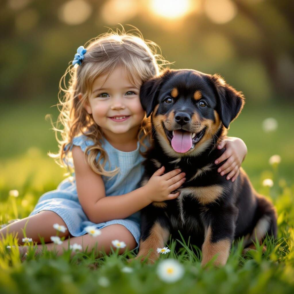 Girl Hugs Happy Rottweiler Puppy in Sunlit Garden
