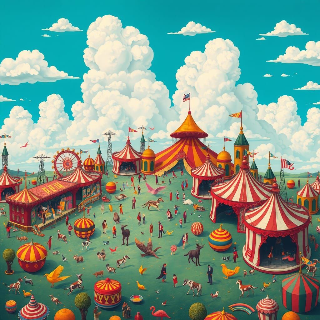 Rainbow Circus Landscape in Dreamlike Folk Art Style