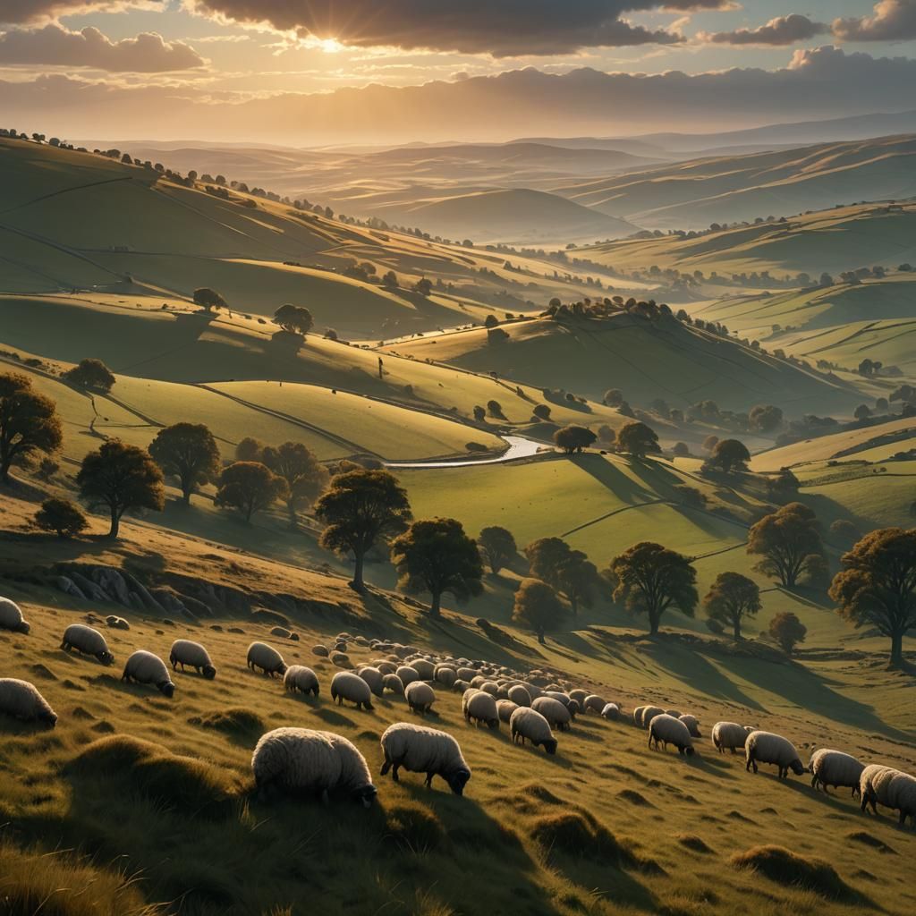 Pastoral Landscape with Grazing Sheep in Painterly Style