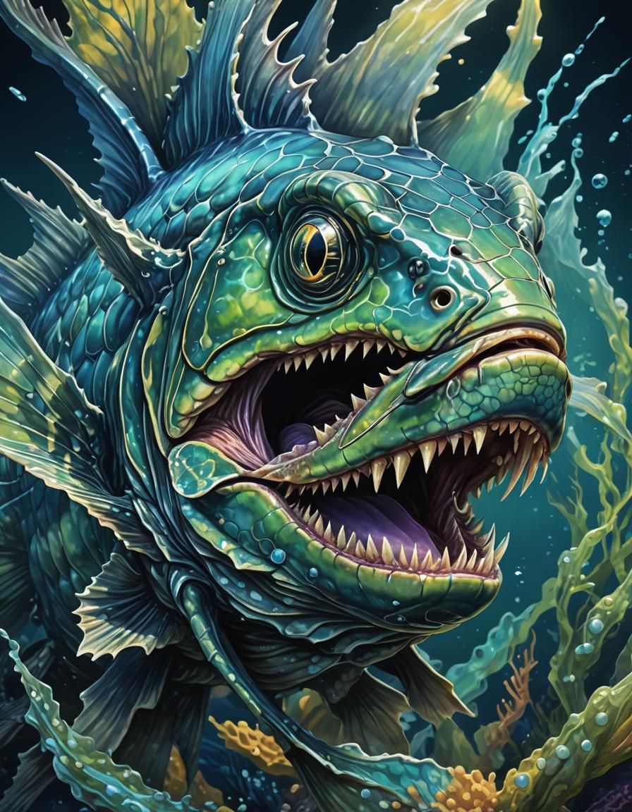 Majestic Deep-Sea Monster Fish in Hyperrealistic Splash Art