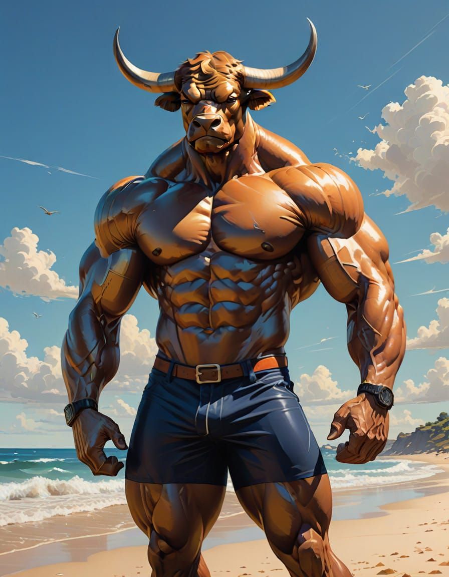Athletic Bull in Beachwear, Inspired by Digital Art