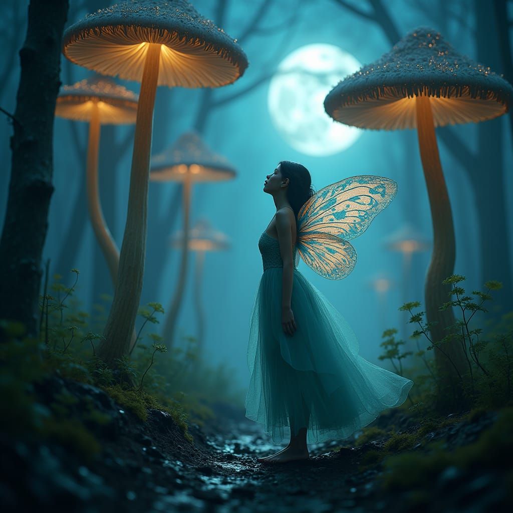 Moonlit Fairy in Glowing Mushroom Grove