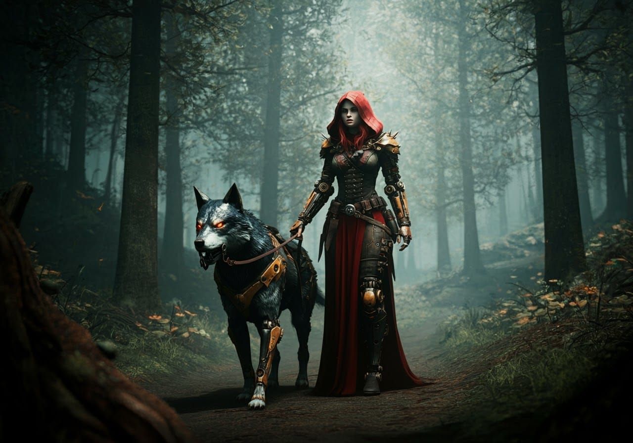 Woman in Red Dress: Cyberpunk Forest Scene